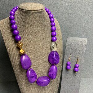 Marbled Bead Necklace Set 19 In Purple Pierced Dangle Earrings Gold Clear Funky
